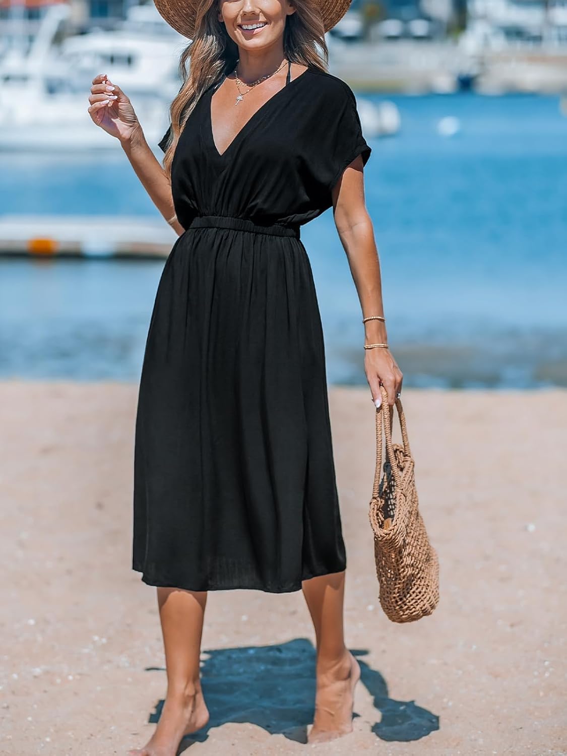 CUPSHE Women Beach Cover Up V Neck Short Sleeve Striped Midi Swimsuit Coverup Dress XS-XXL - Image 3