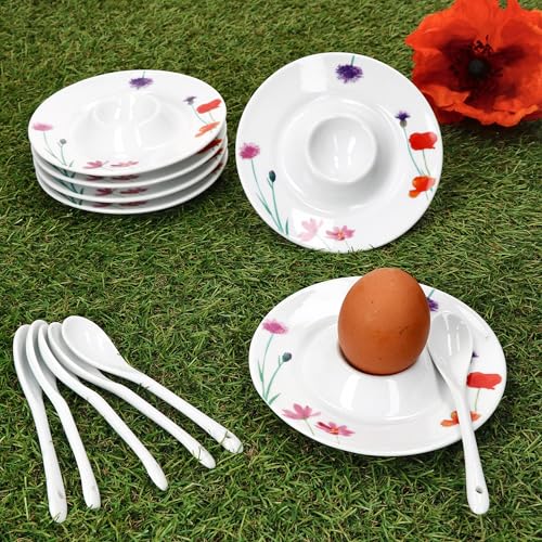 MamboCat 6er Set Marie Eierbecher mit Ablage I 6 Personen I Ø 13,2cm I runde Porzellan-Eierbecher mit Blumenwiese-Dekor für das Frühstücksei I Flache Eierbecher für Brunch & Buffet – Bild 4