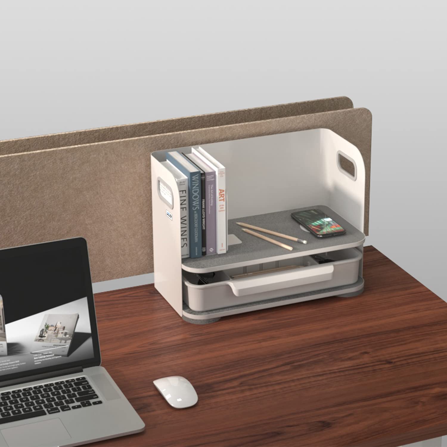 ER-440 Schreibtisch-Organizer mit Schublade und Buchstütze Organizer für Büroutensilien Büro-Organizer Büroablage bis 10kg Weiß