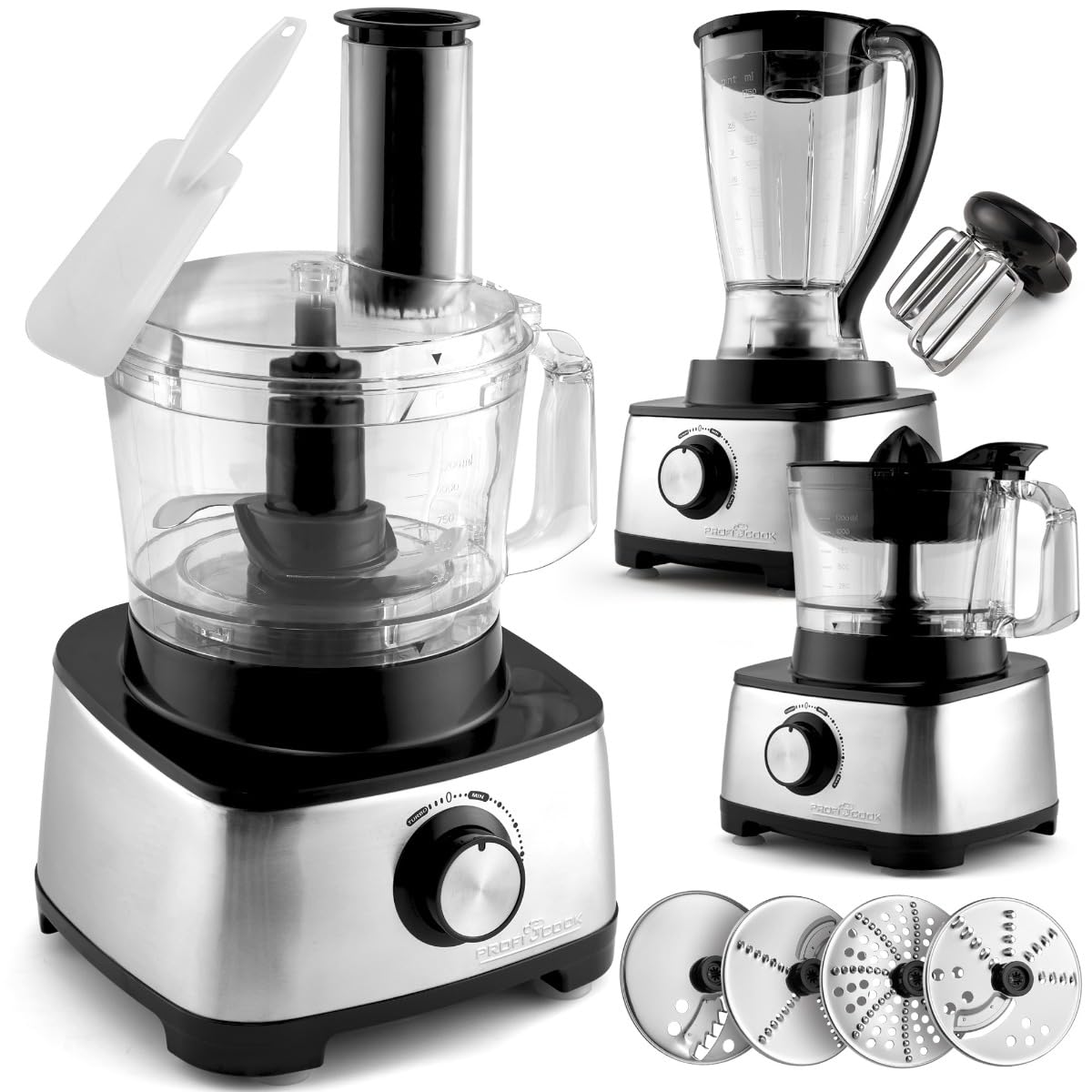 ProfiCook PC-KM 1063 robot de cocina compacto, cortar, amasar, mezclar, accesorio para prensar cítricos, 1,2L, apertura de rellenado, con función turbo incl. 11 accesorios, 1200W