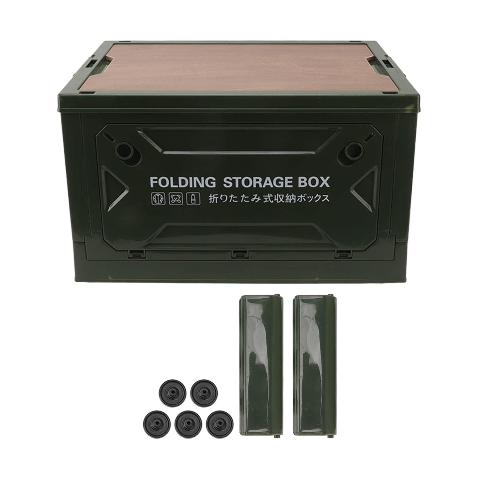 Ejoyous Boîte de Rangement de Camping 50L avec Couvercle en Bois, 4 Roues, Pliable, Vert OD