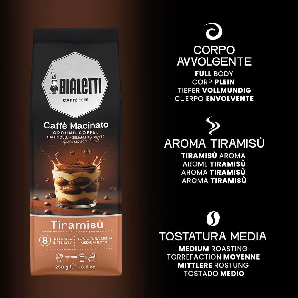 BIALETTI Caffè Macinato Perfetto Moka, 6 Sacchetti da 250 Grammi, Caramello, Tiramisù, Nocciola, Cioccolato, Intenso, Pregiato
