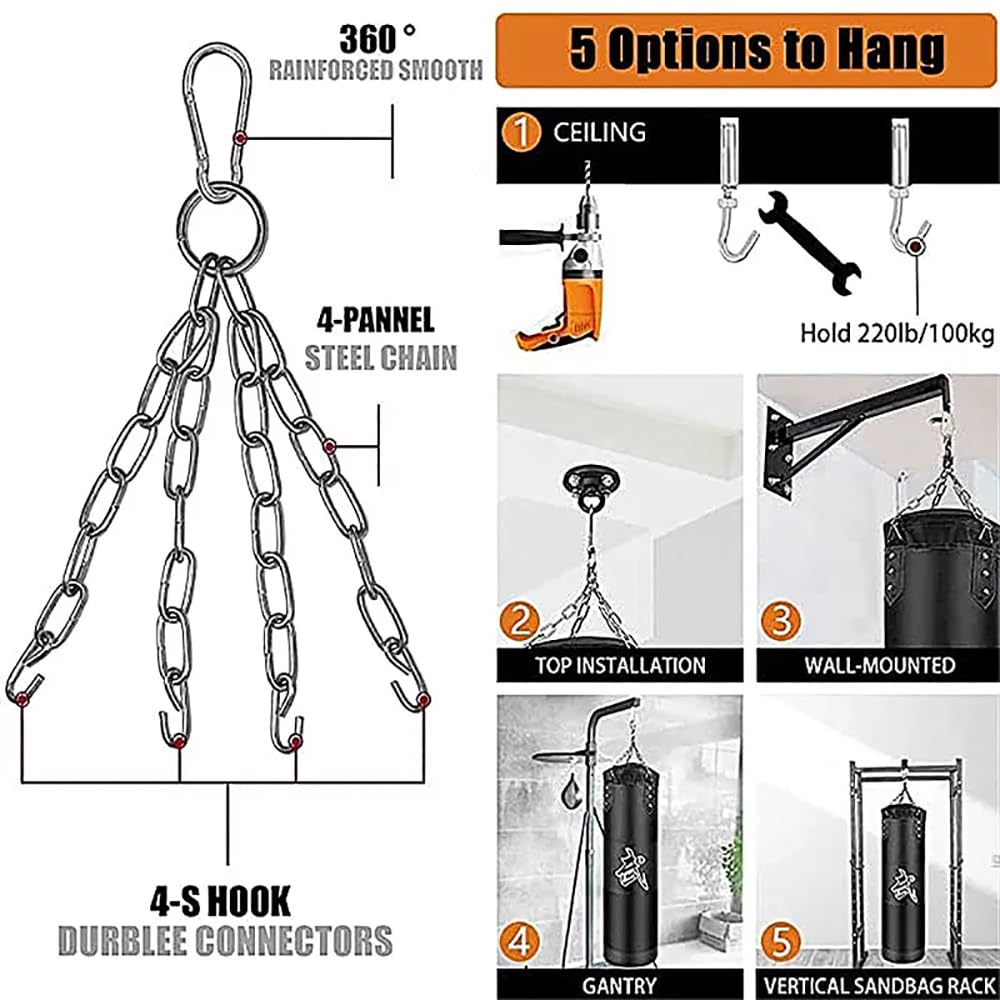 Sac De Frappe,Sac De Frappe Adulte,Sac De Boxe,15PCS Suspension Boxe Punching Bag 100cm avec Gants, Bandages, chaîne rembourrée, Rotation à 360° Non REMPLIR, pour Le Muay Thai et Les Combats (Noir)