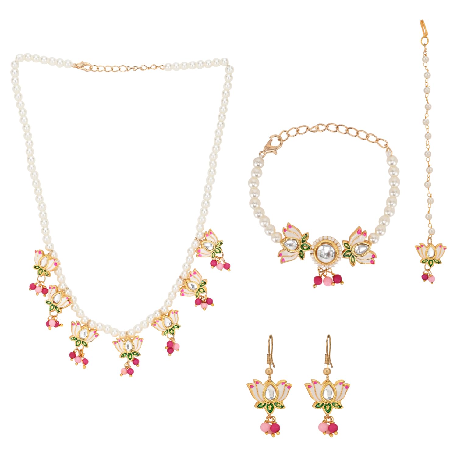 Asthetika Kids Jewellery Set for Girls & Women Includes Necklace Bracelet Maang Tikka Earrings Combo Ethnic Meenakari Lotus Kundan Stone Pink (B0CWVLJ18C) Amazon Price History, Amazon Price Tracker