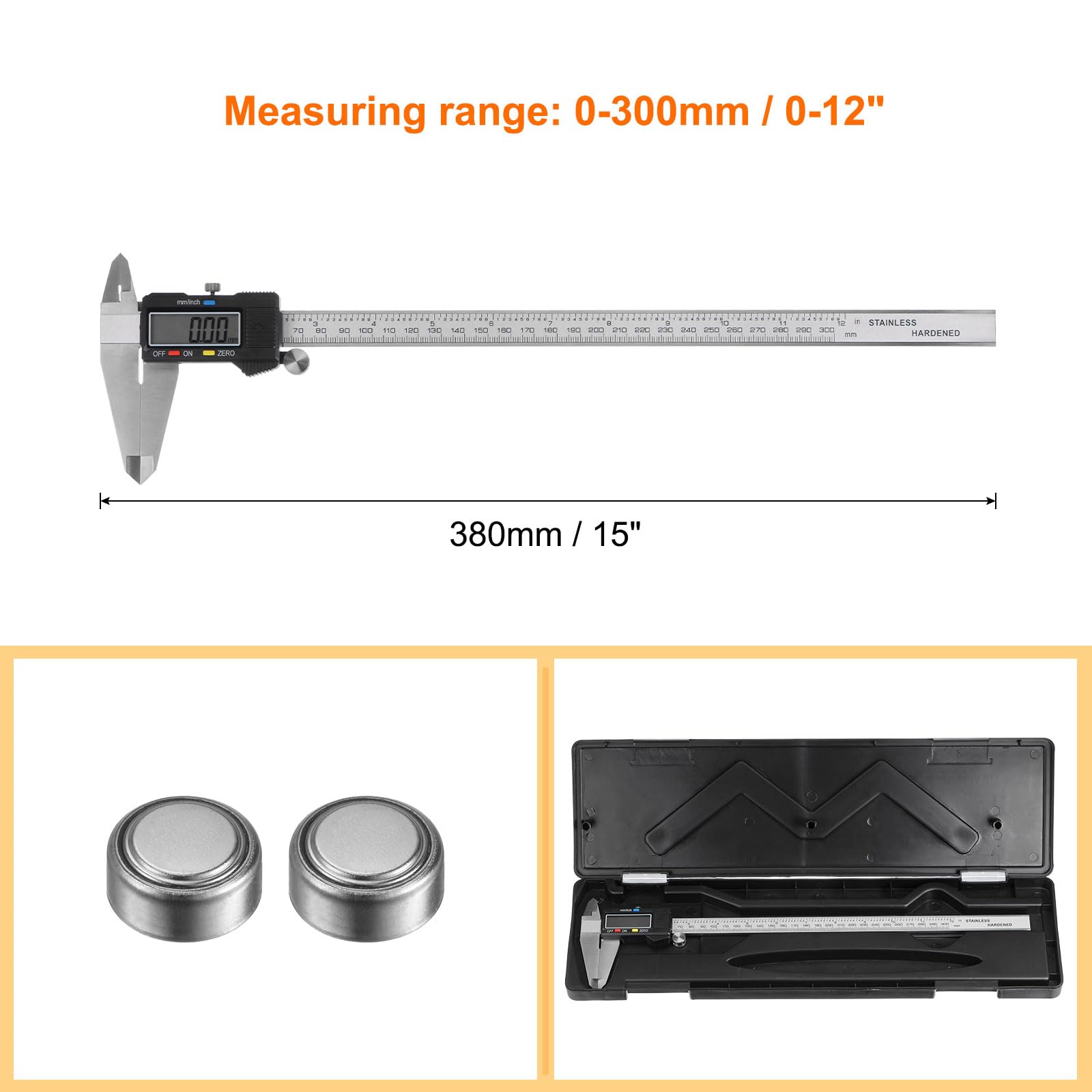 QUARKZMAN Calibrador Digital 300mm/0-12 Pulgadas Pantalla Lcd Grande Cuerpo de Acero Inoxidable Herramienta de Medición Calibrador, Calibrador de Medición Convertible en Pulgadas