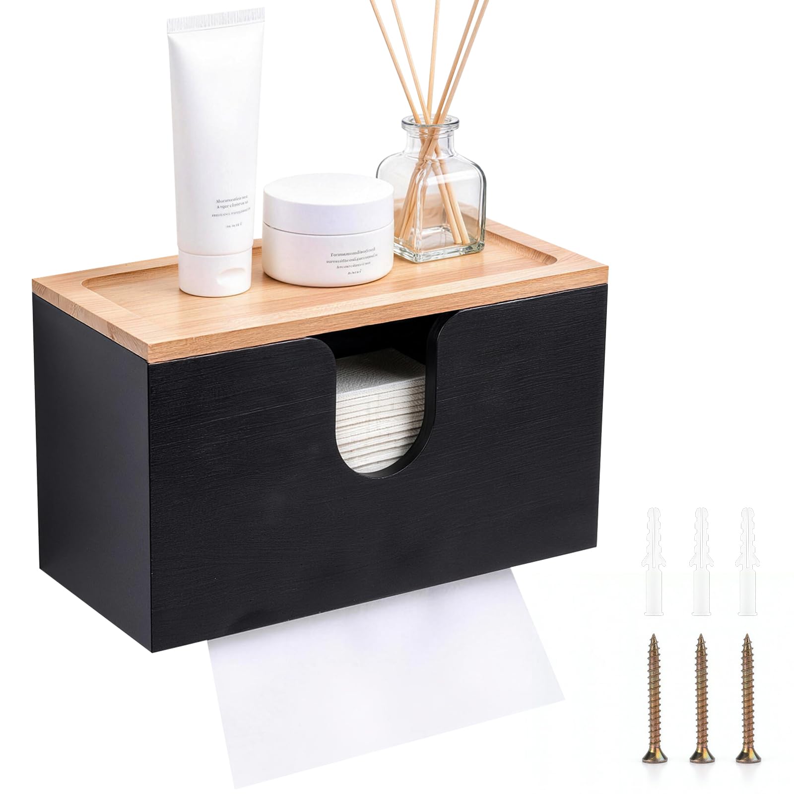 Handtuchspender für Papierhandtücher aus Bambus,27.5x16x13cm,Papierhandtuchspender Mit Wandmontage oder bei Tisch,Papierhandtuchhalter Mit Magnetdeckel,für C-,Z-,H2 Papierhandtüchern (Schwarz)