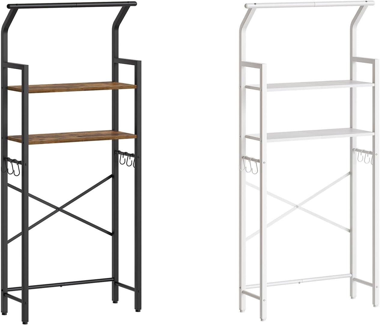 2-Tier Over The Toilet Storage, Multifunctional Vertical Over Toilet Bathroom Organizer, Freestanding Bathroom Storage Shelves with Hooks, Bathroom Organizer