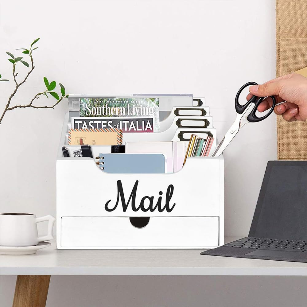 Hölzernen Schreibtisch Mail Organizer, Mail Organizer Arbeitsplatte mit 4 Fächern und Schublade für Büro Schule Rechnungen Dokumente, Weiß Holz Schreibtisch Organizer