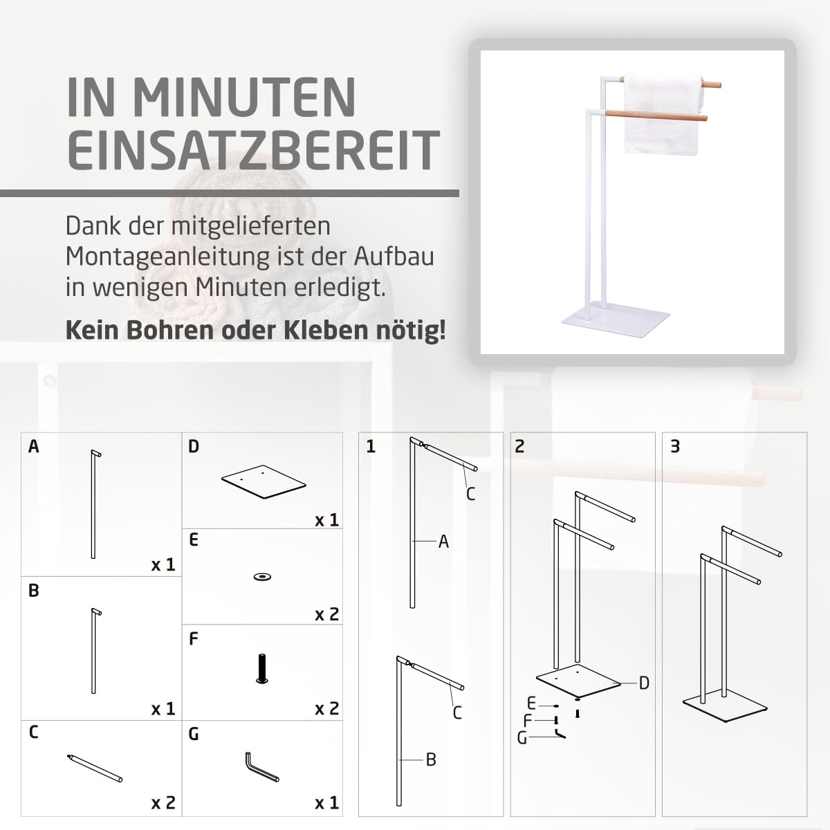 Amig - Weißer freistehender Handtuchhalter mit Holzstangen - Doppelständer für Badetücher - Minimalistischer Stil mit stabilem Metallfuß - Kein Bohren erforderlich