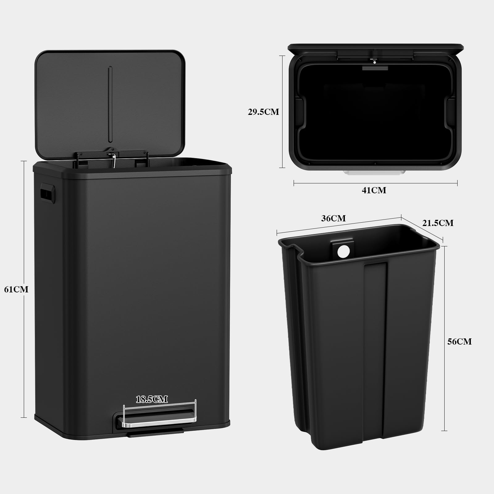LIFERUN Cubo de basura para cocina 40l, cubo de basura con cubo interior, con tapa de cierre suave, cubo de basura con pedal, de acero, pedal para oficina, familia grande, negro