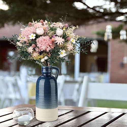Miniatura 3 de Jarrón de cerámica azul de 12.5 pulgadas para decoración del hogar, florero decorativo grande, florero bohemio de cerámica para flores, florero