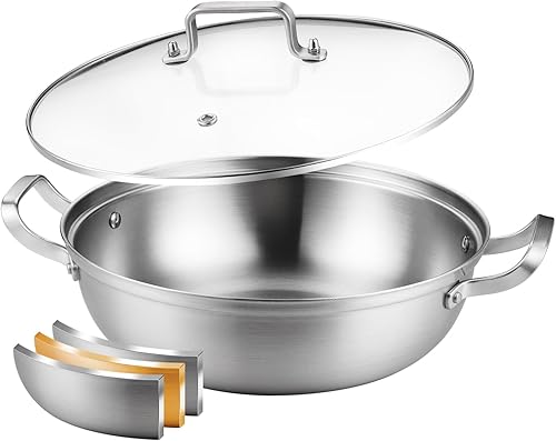 Delarlo Sartén de acero inoxidable de tres capas de 12 pulgadas con tapa de vidrio, sartén profunda, sartén de cocina para todo, sartenes de chef de