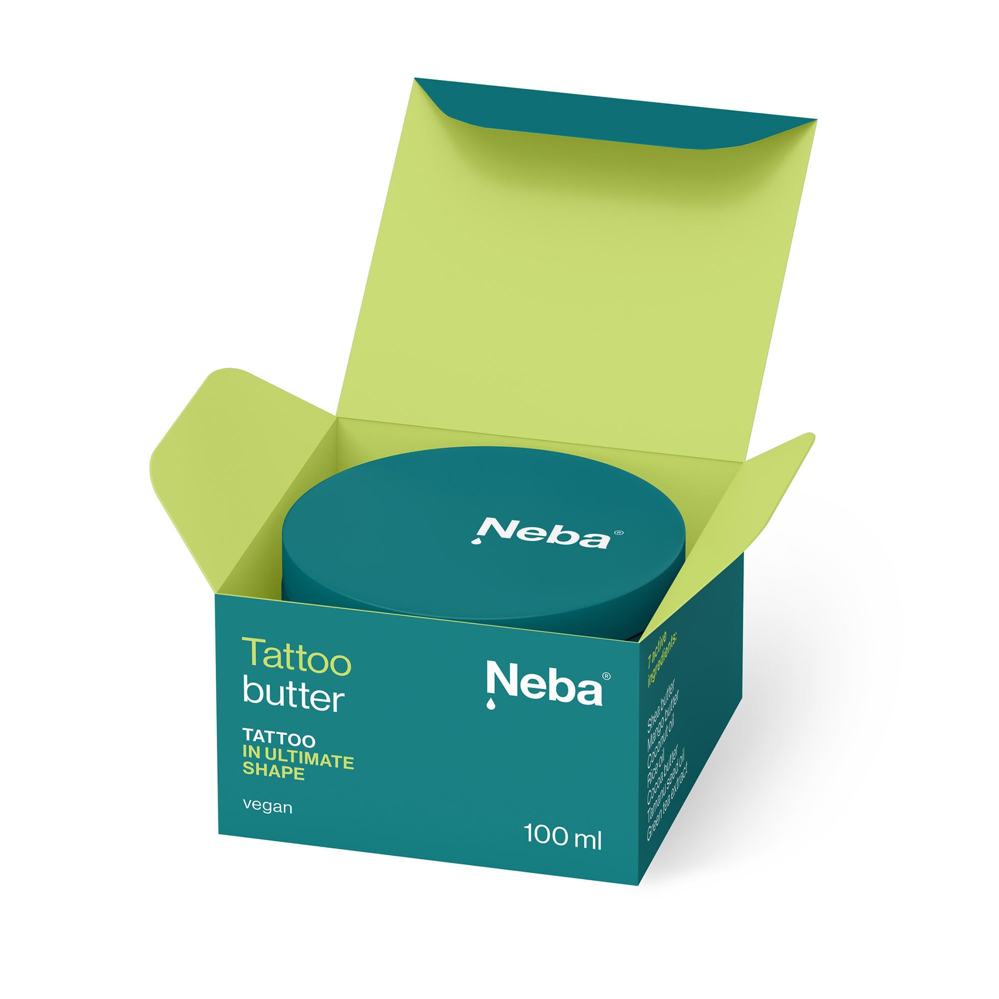 Neba - Tattoo Butter - Crema Refrescante para Tatuajes - Bálsamo para el Cuidado Posterior del Tatuaje - Cuidado de la Piel - Cuidado Posterior para la Piel Tatuada - Vegano - Lata 100ml