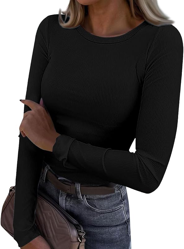 Nantdog Going Out Tops for Women Spring Tops Trendy 2024 Crewneck Long Sleeve Vacation Sexy Elastic Wea