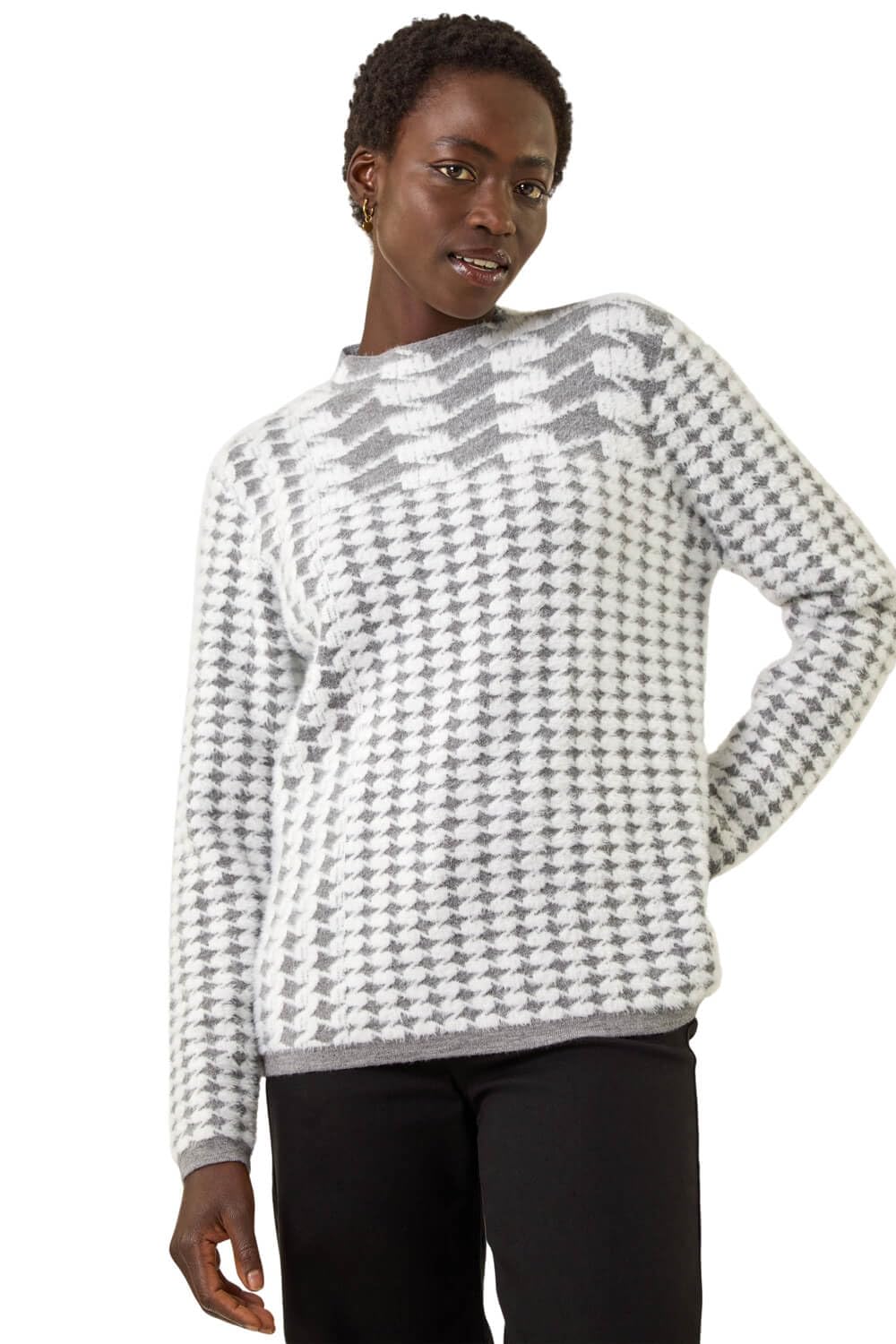 Roman Women's Grey Intarsia High Neck Knit Jumper In Size 16