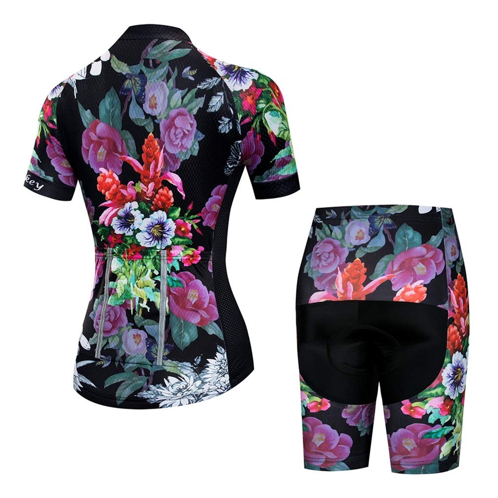 Womens Cycling Jersey Sets Sports Breathable Padded Cycling Clothing Cycling Wear Summer Purple Flower XL