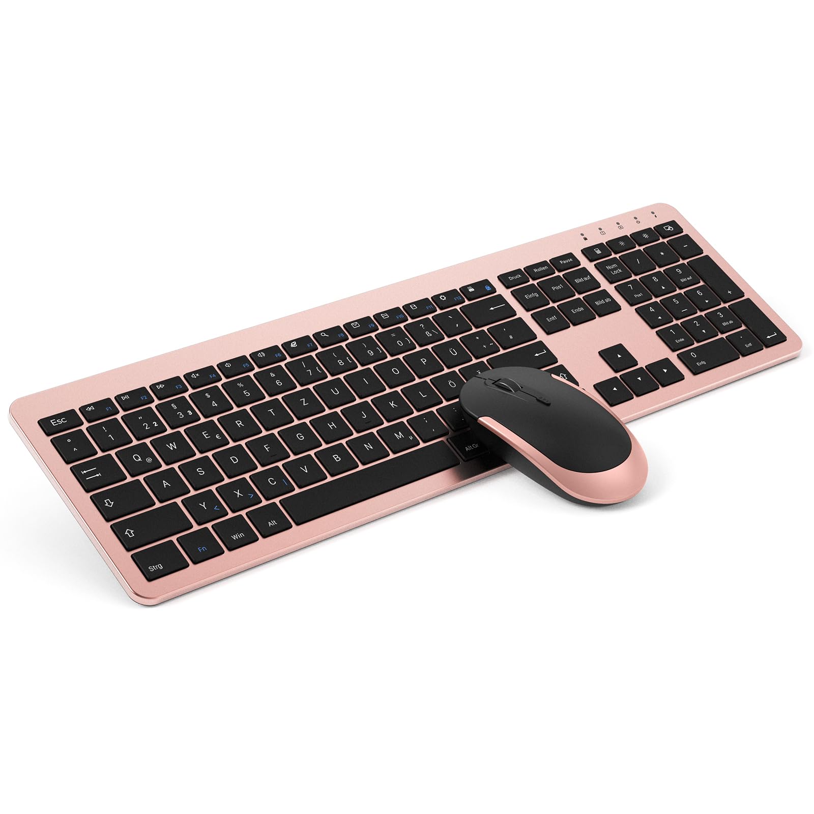 seenda Juego de teclado y mouse recargables, inalámbrico, ultradelgado, silencioso, teclado ergonómico con cubierta antipolvo de silicona para PC/computadora portátil/Smart TV rosa y dorado | QWERTZ - Teclado inalámbrico recargable con protección antipolv