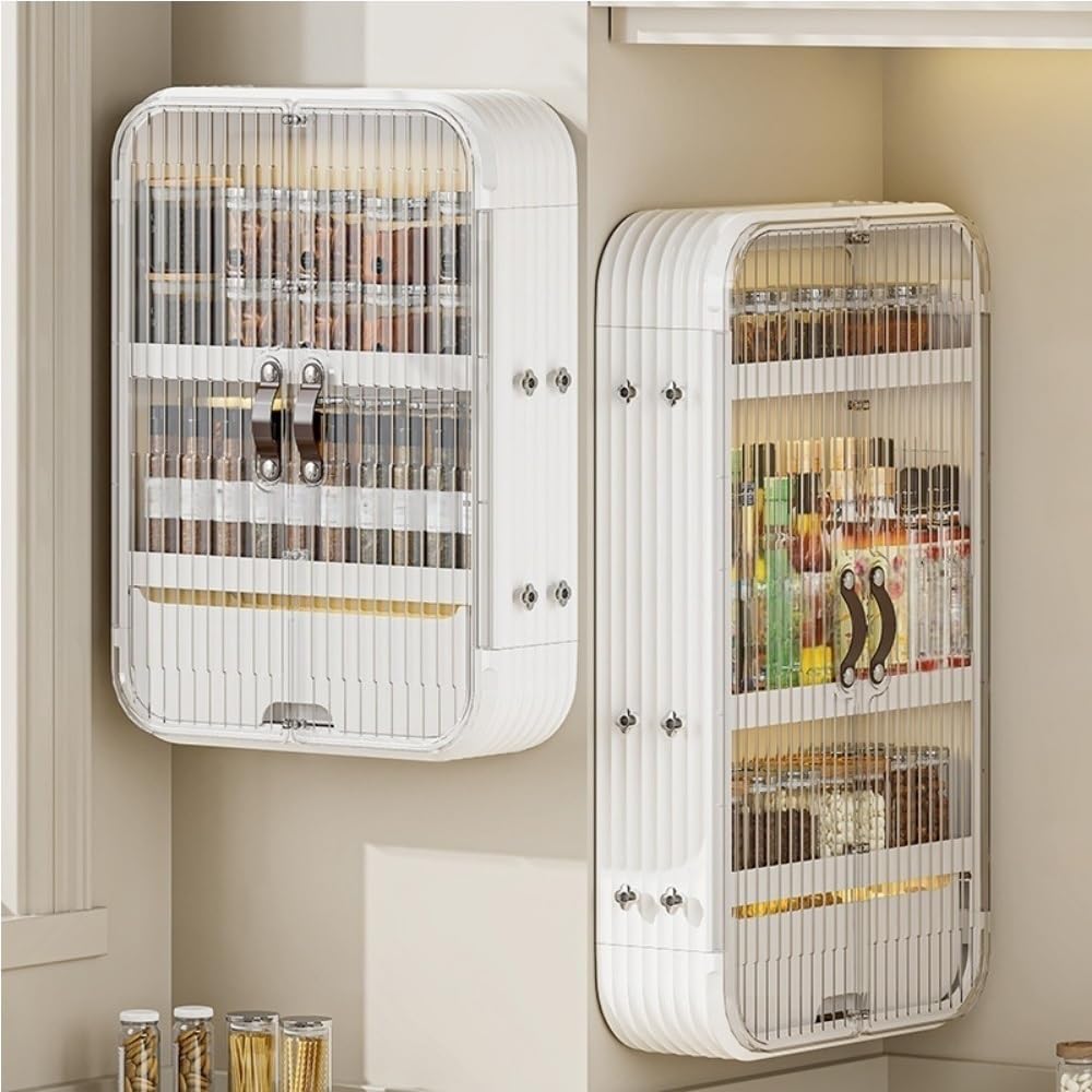 Estante de baño con puertas, estante de almacenamiento multifuncional de plástico para baño, cocina, sala de estar (blanco, 16.9 x 5.3 x 20.9 pulgadas)