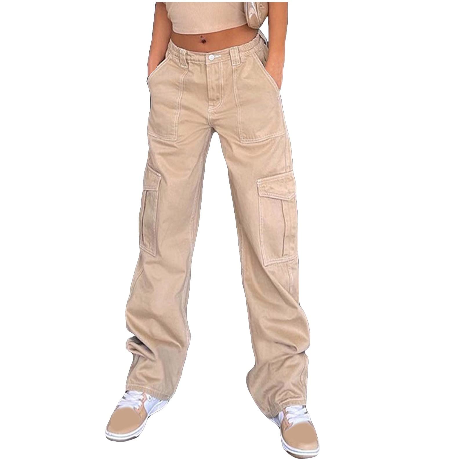 Funny Soft Solid Regular Fit Cargo Womens Autumn Long with Pockets Jog Cargo Flex Hi Waist Straight Leg Cargo