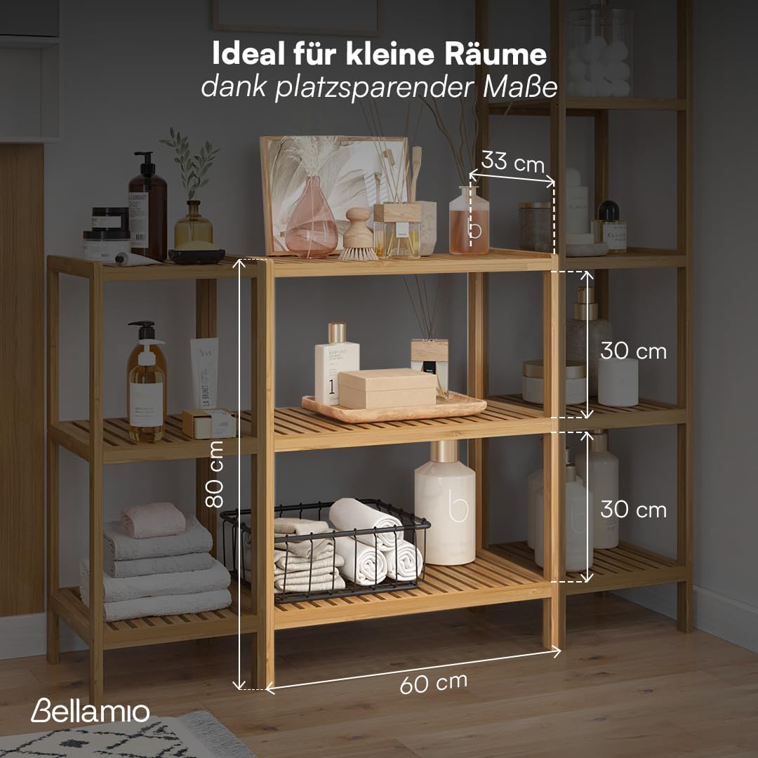 Bellamio Newa Badregal – Bambus Regal mit 3 Ablageflächen – Badezimmerschrank lackiert – Holzregal stehend für Badezimmer – Standregal schmal – offener Badschrank Natur – Badezimmermöbel 80x60x33 cm