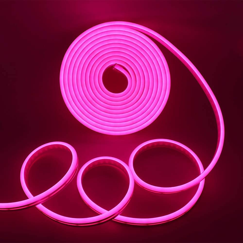 XUNATA Pink LED Strip Lights, Outdoor Flexible LED Neon Rope Light, DC 12V 3.28ft/1M 2835 120LEDs/M Waterproof Silicone Light Bar for Home Garden Commercial Area Decor (Include Power Adapter & Dimmer)