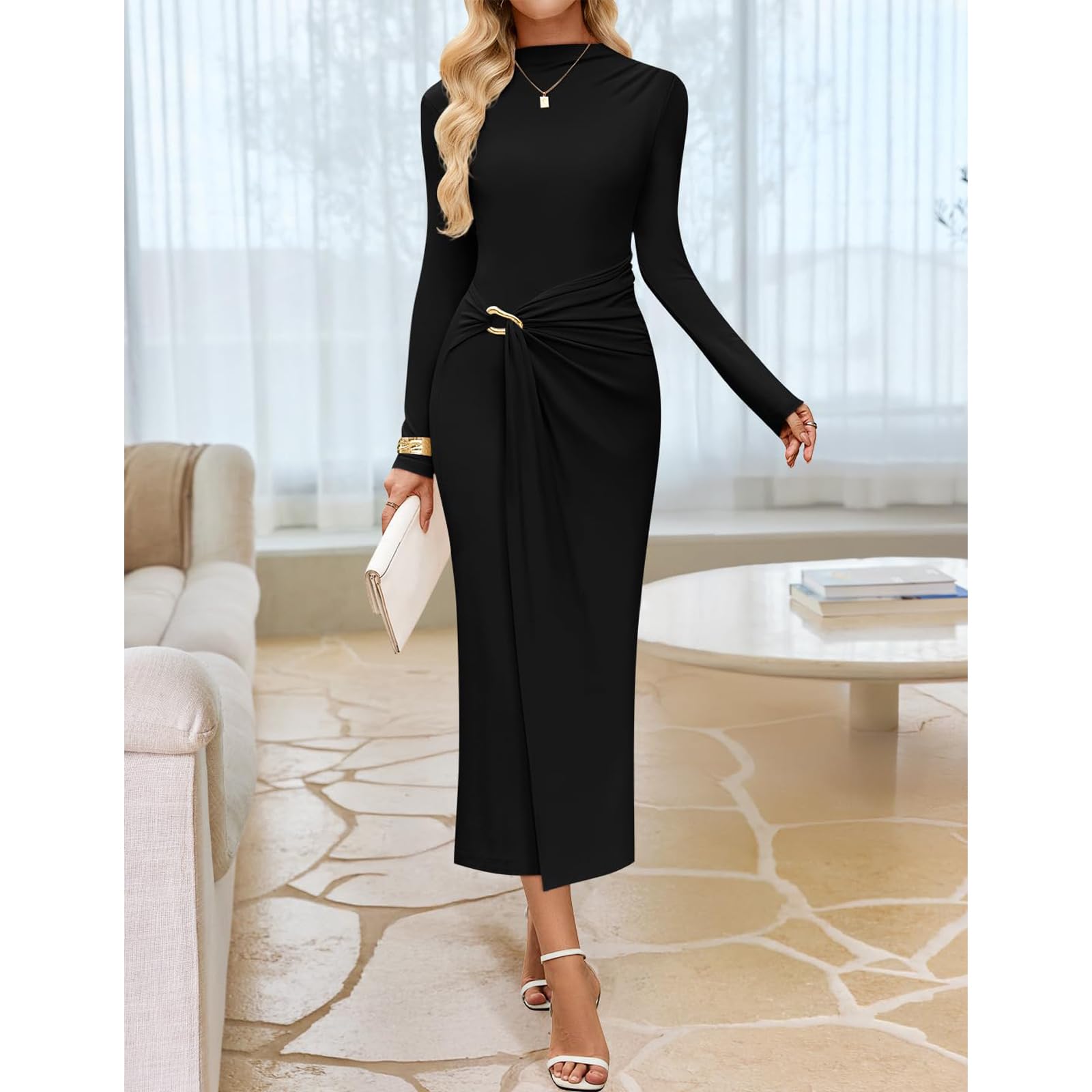 Vestidos Largos Mujer Manga Larga Elegantes Maxi Vestido Ajustado Cuello Alto Sexy Vestido de Cóctel Ruched Color Sólido Bodycon Vestidos de Noche Fiesta Ceremonia Club Playa Invitada Boda