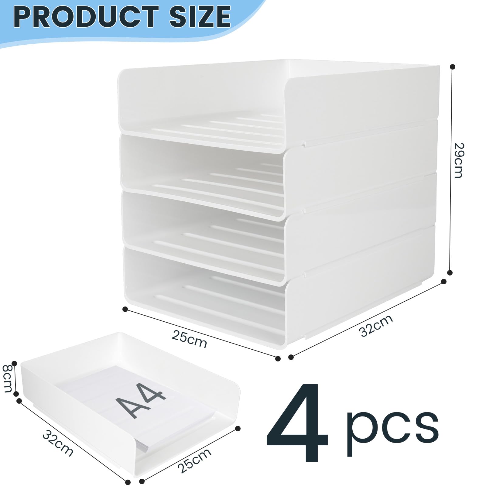 4 Bandejas Oficina Apilables, Blanca Plastico Pet Organizador Escritorio, Bandeja Escritorio, Bandeja Portadocumentos A4, Organizador para Papeles, Documentos, Folios, Material Oficina