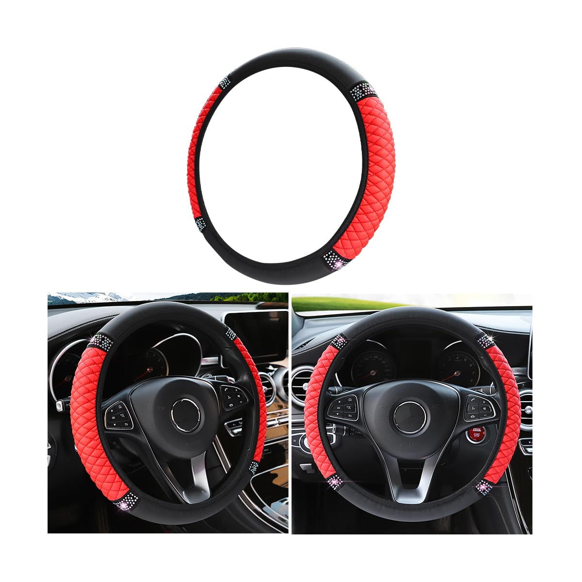 CGEAMDY Bling Soft Leather Steering Wheel Cover, Colorful Rhinestones Auto Elastic Steering Wheel Protector, Sparkly Crystal Diamond for Women Girls, Car Interior Accessories for Most Cars (Red)