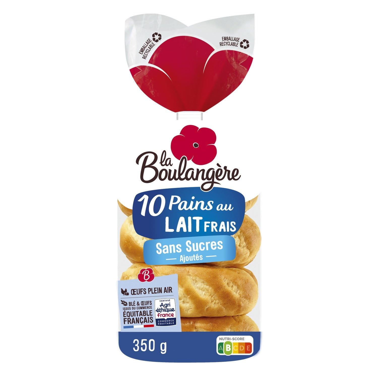 LA BOULANGERE – Pain au Lait Sans Sucres Ajoutés, Brioché et Doux pour votre Petit-Déjeuner (Sachet 350g) - Lot de 4 - vendu par Lot