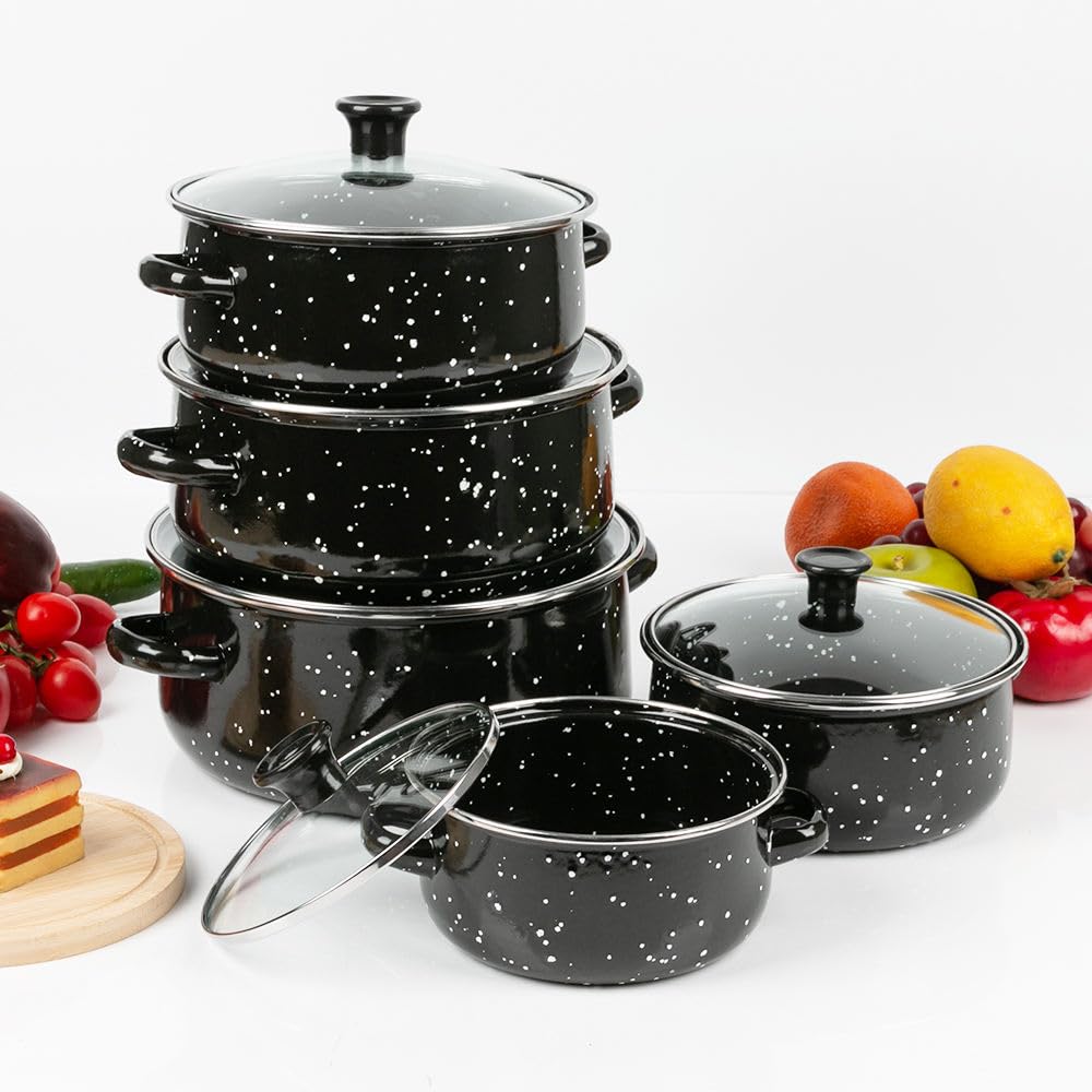 Herzberg HG04128, Juego de 10 Piezas de Ollas y Cazuelas con Tapas de Vidrio, Esmalte Negro, Mangos Cómodos, Tamaños Versátiles (16-24CM), Durabilidad Superior, Fácil de Limpiar