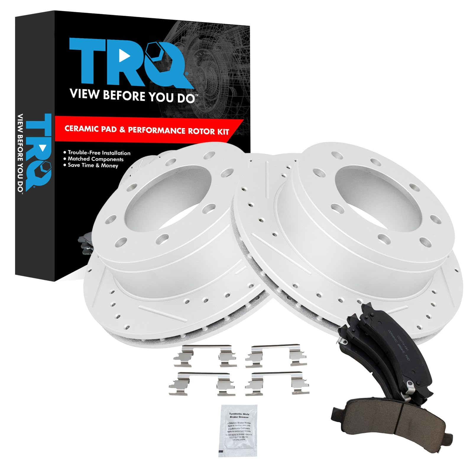 TRQ Performance Rear Brake Pad and Rotor Set Ceramic Drilled Slotted G Coated Rotors Compatible with 2006-2016 Chevrolet Express 2500 2003-2016 Express 3500 GMC Savana 2500 Savana 3500