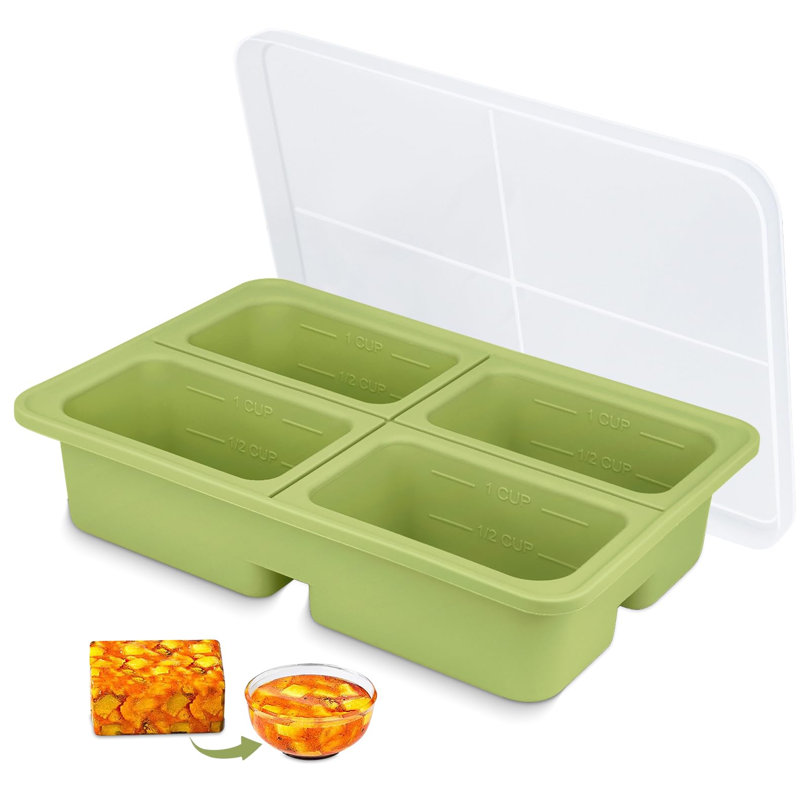 Beijie Green Soup Freezer Containers With Lid, 4-Compartment Large Silicone Food Storage Tray, Dishwasher Microwaveable Ice Cube Tray, Food Containers Mould For Freezing Soup Sauces Stews - Extra Large Ice Cube