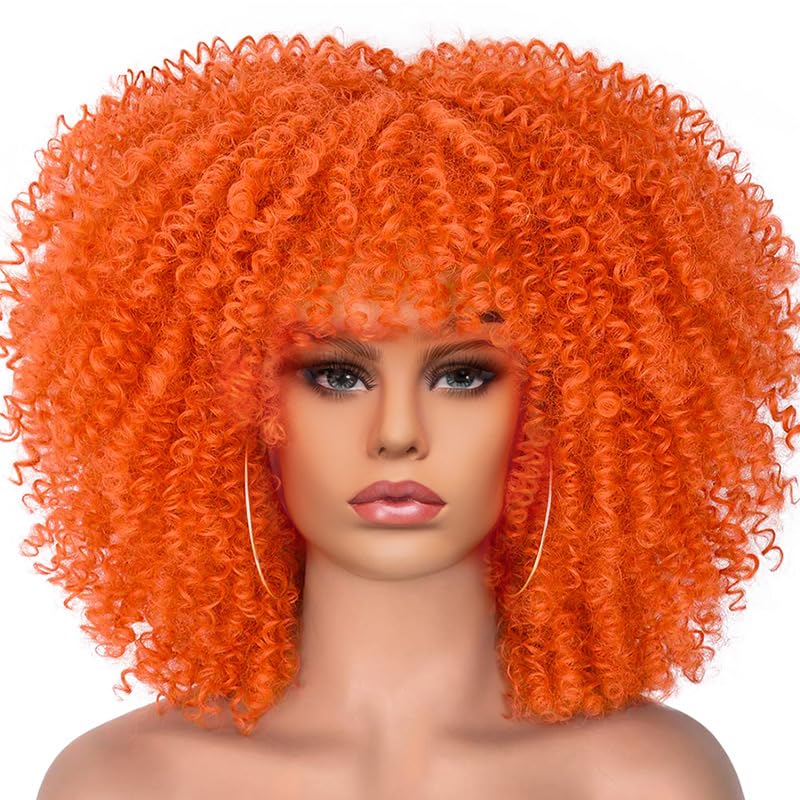 Hhhchpm 14.96 Inch Afro Kinky Curly Hair Wigs with Bangs Soft Fluffy Synthetic Fiber None Lace Wigs for Party Cosplay Daily Use (Light orange)