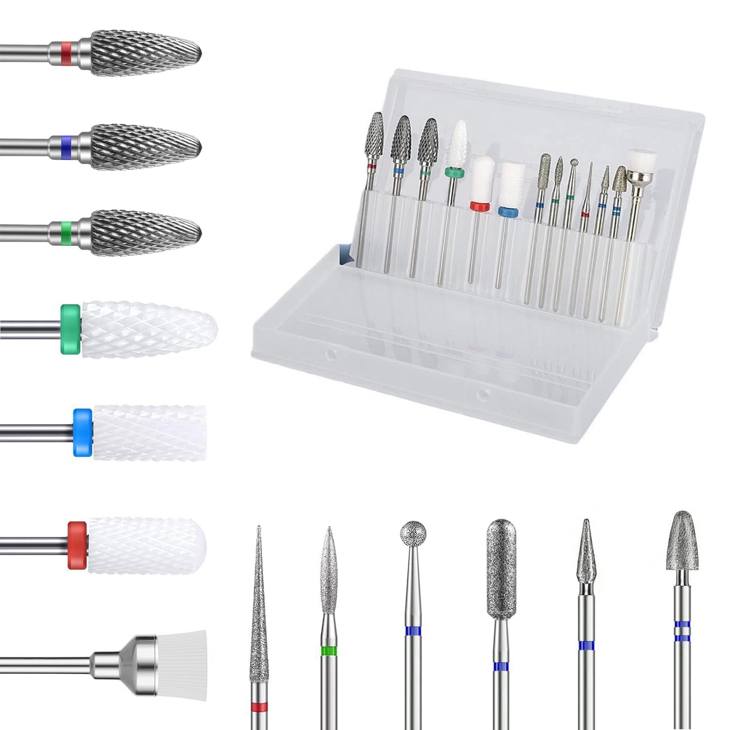 13 Piezas Fresas Torno para Uñas, 3/32 Pulgadas, 3 brocas de carburo de tungsteno + 6 brocas de diamante +3 brocas de cerámica para uñas + 1 cepillo, para Uñas Acrílicas y Uñas de Gel