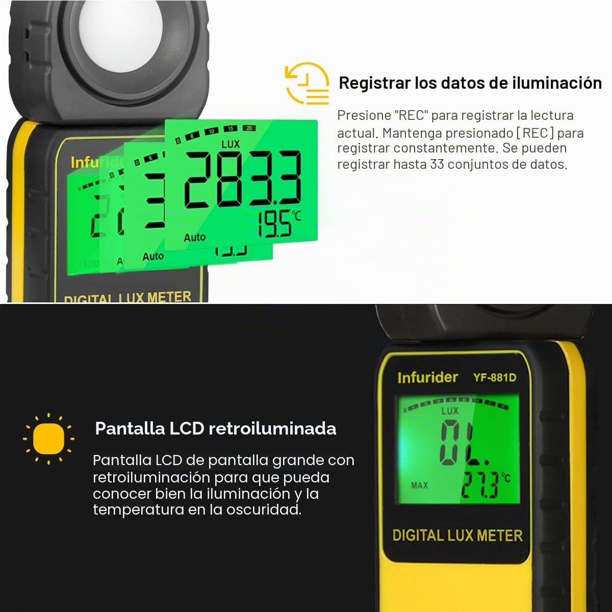 Medidor de Luz (0.1-400,000 Lux),INFURIDER YF-881D Luxómetro Digital Medidor de iluminación Iluminómetro con Temperatura Ambiente,Fotómetro para Fotografía LED de Cultivo de Plantas