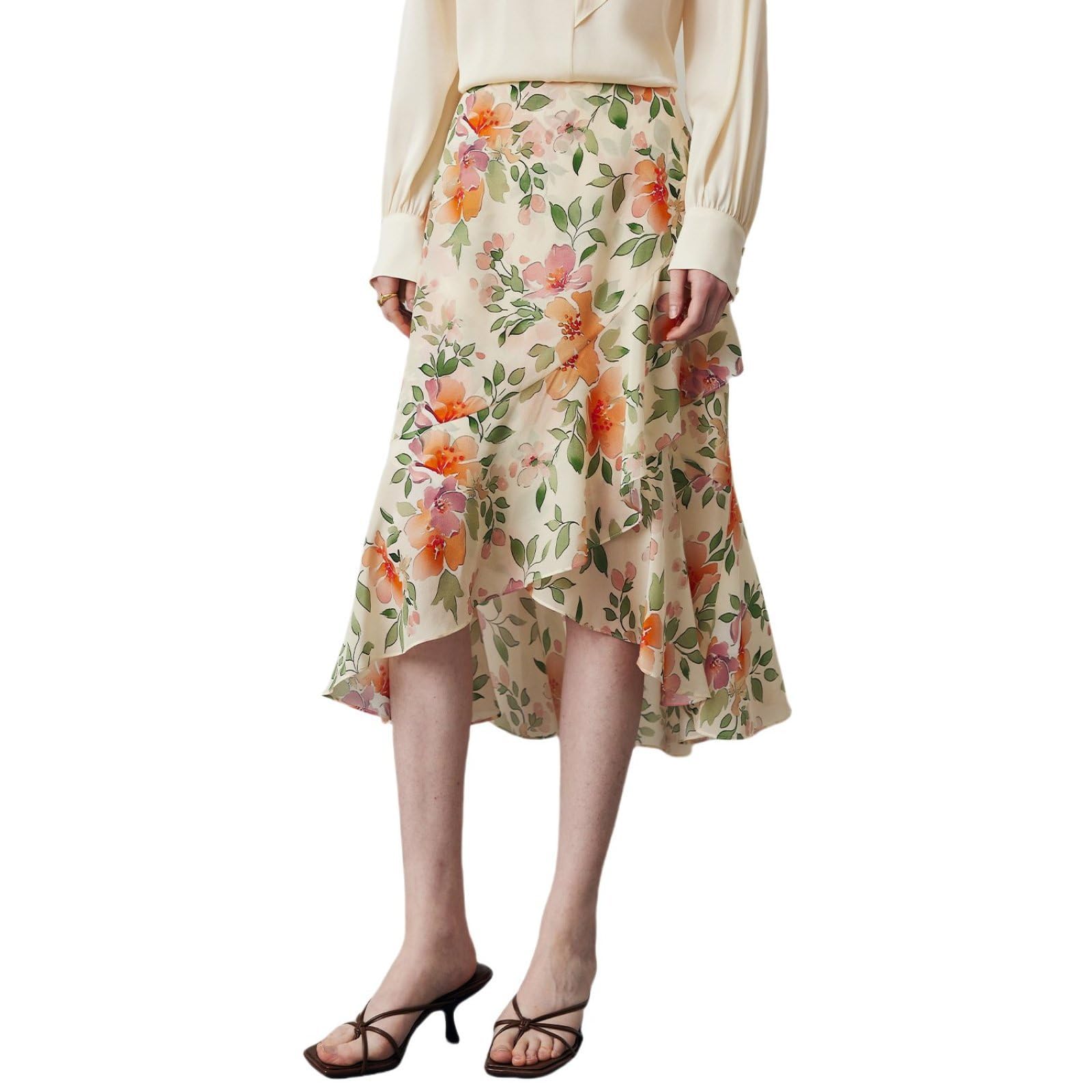 Real Silk Skirts for Women Trendy Summer Floral Midi Length Asymmetrical Hem Ruffle Casual Skirt