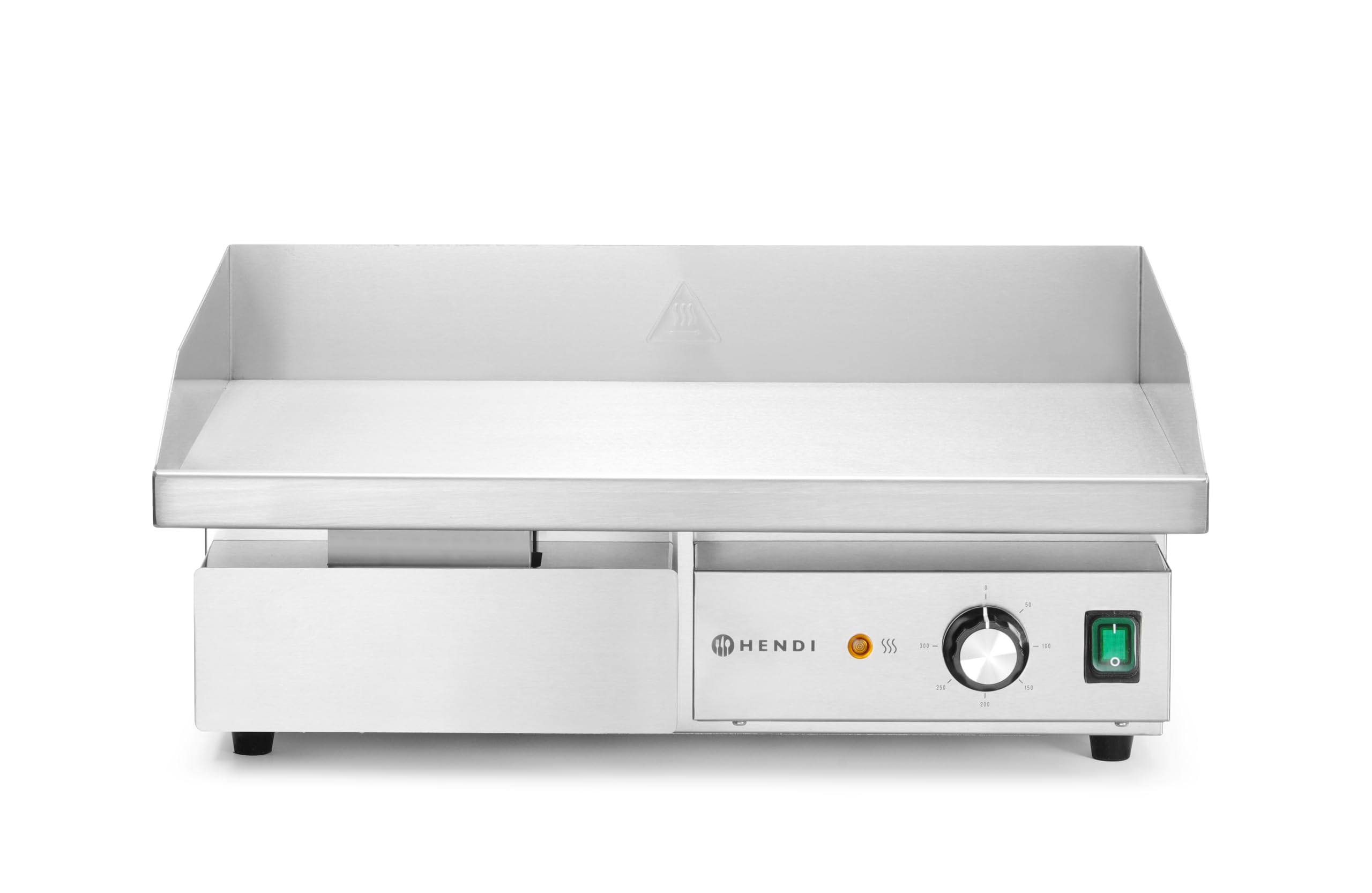 HENDI Elektryczna płyta grillowa, w całości gładka, wyjmowana szuflada, temperatura regulowana do 300°C, grill stołowy, grill gastronomiczny, 230V/3000W, 550x430x(H)240mm, stal nierdzewna