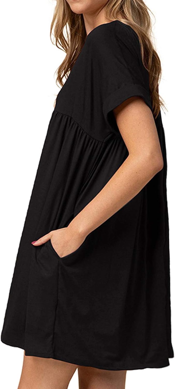 Jayscreate Women's Baby Doll Dress Summer Casual Tunic Pleated Flowy Swing Short Sleeve Black V Neck Mini Dress - Image 3