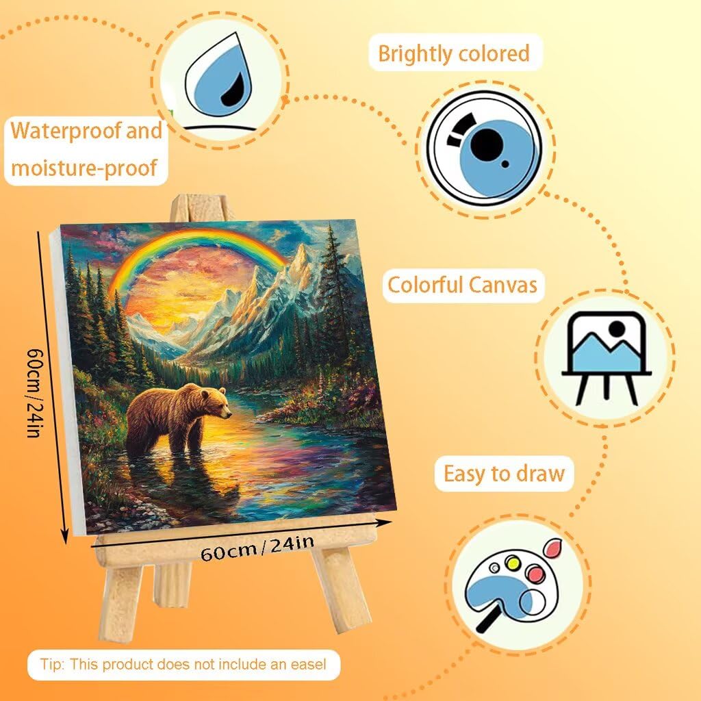 Malowanie numeru dla dorosłych niedźwiedź, zrób to sam numer malowania dla początkujących 60x60cm z ramą, kreatywne hobby dorośli malowanie numerami akrylem i pędzlami, prezent dla kobiet do dekoracji