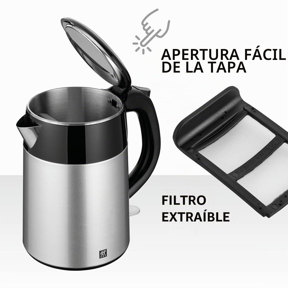 Hervidor Eléctrico Zwilling con Indicador de nivel de agua, Apagado automático, Doble pared, Asa resistente al calor, Inalámbrico, Filtro de malla antical, Tapa con bisagra, Plateado y Negro
