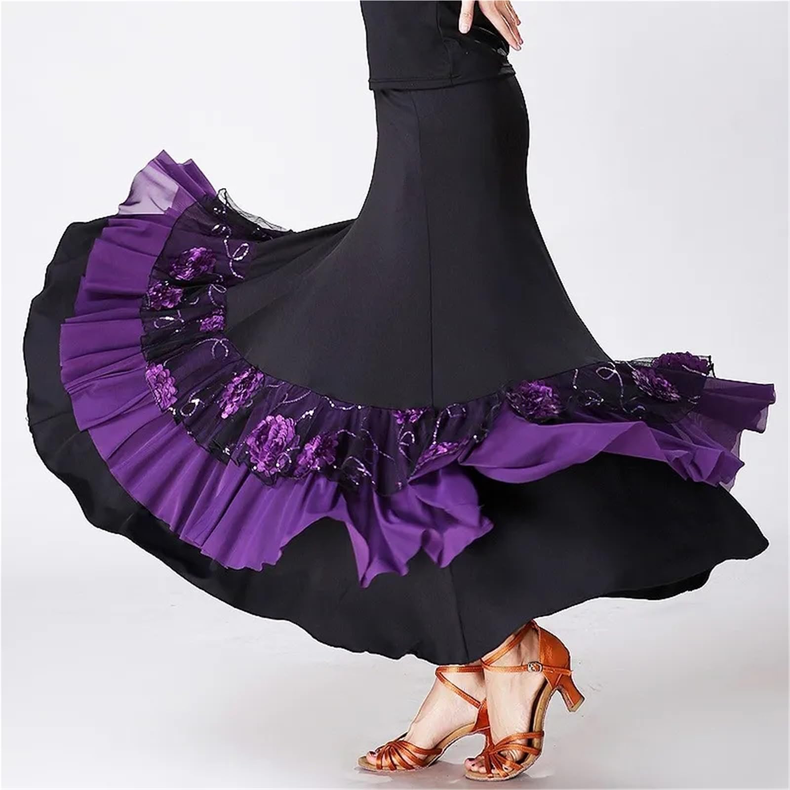 Vestido de práctica salón flamenco for mujer, ropa danza del vientre española elegante con lentejuelas, bordado flores, volantes, falda escenario gitana alas grandes