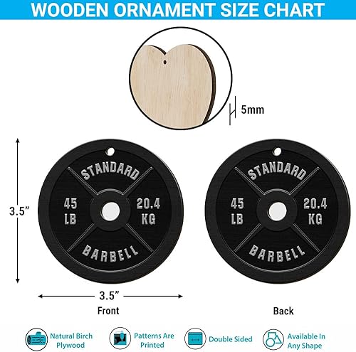 Miniatura 2 de N NAMESISS Adorno de madera impreso de 2 caras de 3.5 pulgadas, adorno negro de barra estándar, adorno de levantamiento de pesas, adorno de