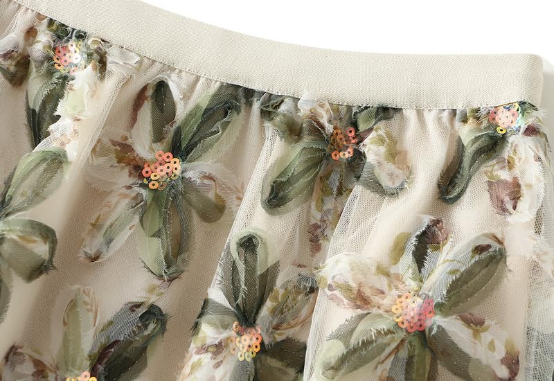 Femiserah Women's 3D Floral Tulle Midi Skirt High Waisted Sequins Applique Fairy Flowy A Line Skirtt2
