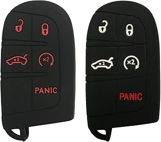 Silicone Smart Key Fob Skin Cover Case Protector 5 Buttons Keyless Jacket Remote Bag Fit for Jeep Grand Cherokee Dodge Challenger Charger Dart Durango Journey Chrysler 300 (Black/Red + Black/White)