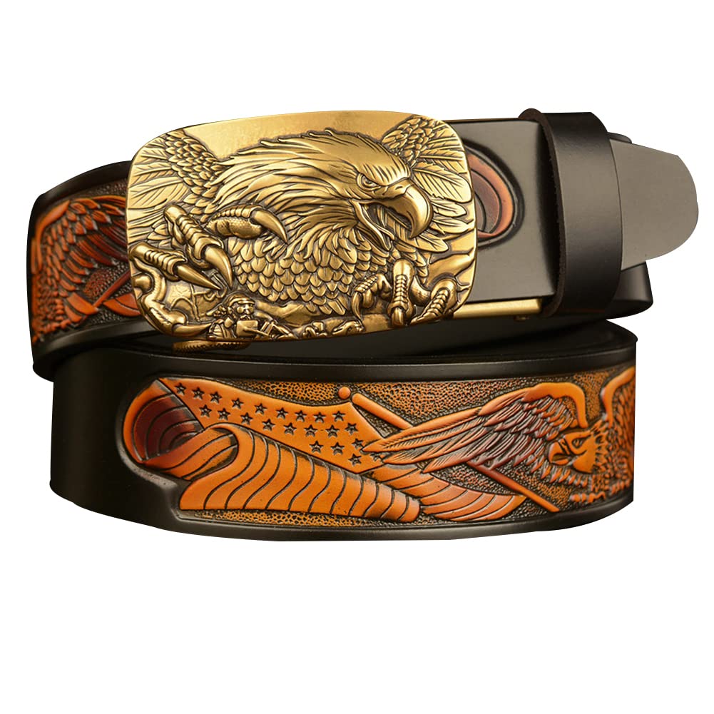 BDAYEK Men's Belt Men's Sliding Ratchet Belt Genuine Leather Automatic Buckle Engraved Plate(D,120Cm/47Inch)