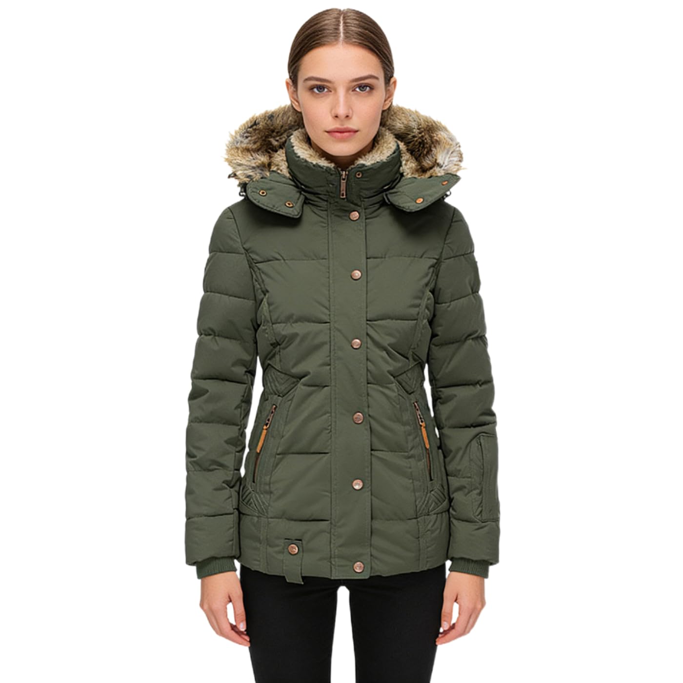 Manteau d'hiver pour femme - Veste matelassée chaude doublée avec capuche en fourrure synthétique, veste d'hiver cintrée avec fermeture éclair, long manteau à capuche pour femme, pour le