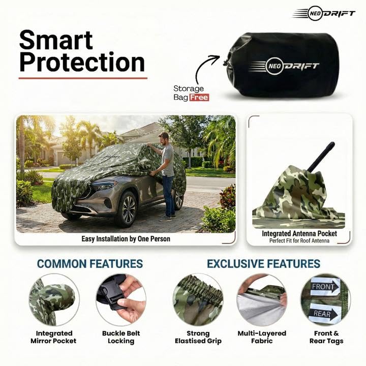 Image of NEODRIFT 'JungleTech' Car Cover for Vinfast VF 6 (100% Water-Resistant, All Weather Protection, Tailored Fit, Multi-Layered & Breathable Fabric) (Colour: Military)