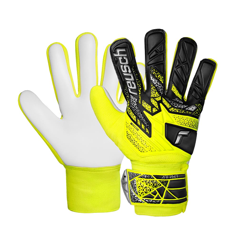 Reusch Attrakt Starter Solid Junior Goalie Gloves, Soccer Goalkeeper Gloves Breathable, Durable, for Artificial Grass & Hard Surfaces, Kids, Youth, Size 3, Yellow & Silver