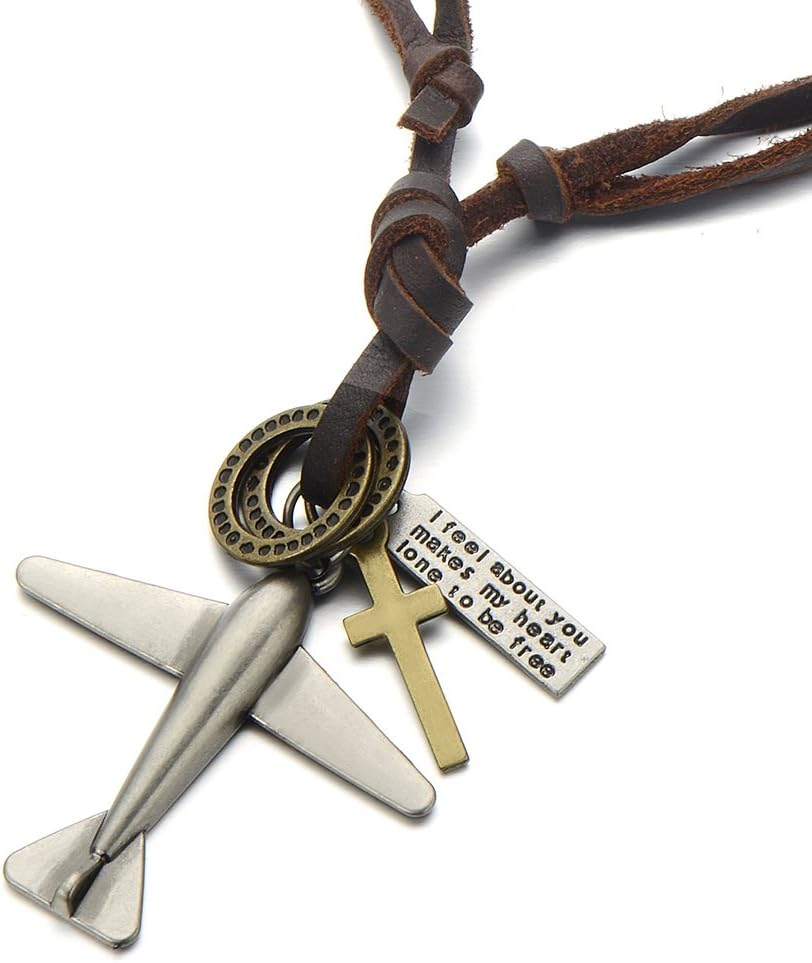 Unisex Vintage Airplane Pendant Necklace for Men Women with Adjustable Leather Cord