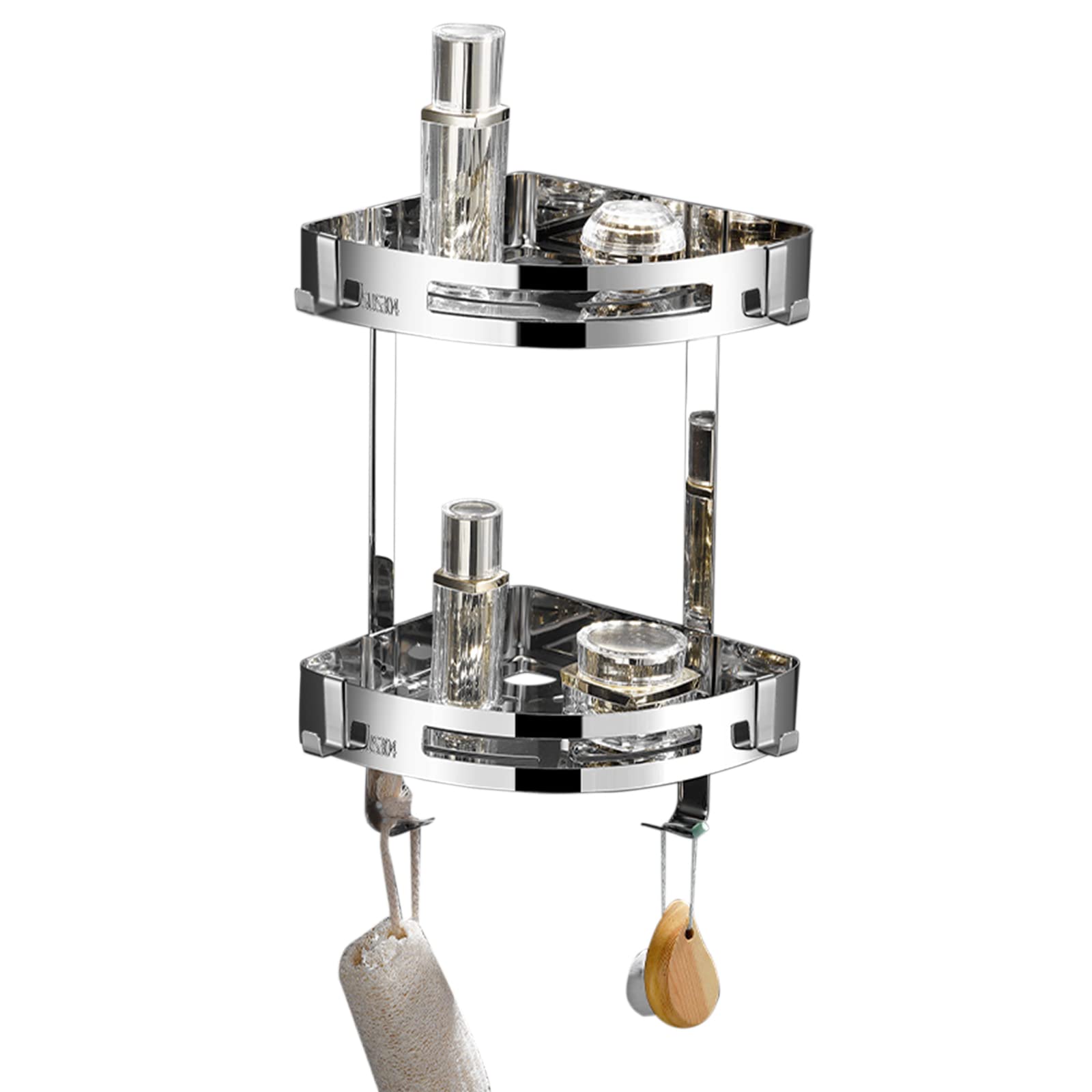 Shower Organization and Storage No Drill Shower Caddy Stainless Steel Shower Shelf Double-Layer Wall Mounted with Hooks Adhesive